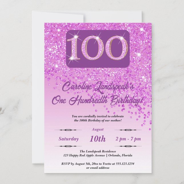 Festive Pink Glitter 100th Birthday Invitation (Front)