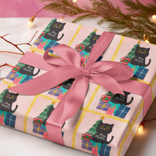 Festive Pink Gold Christmas Black Cat Coffee Wrapping Paper