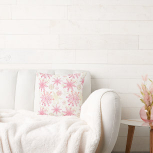 Festive pink gold snowflakes tiled pattern throw pillow