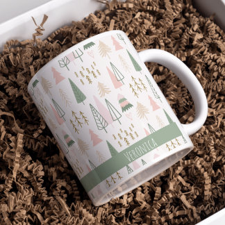 Festive Pink Green Minimalist Christmas Trees Name Coffee Mug