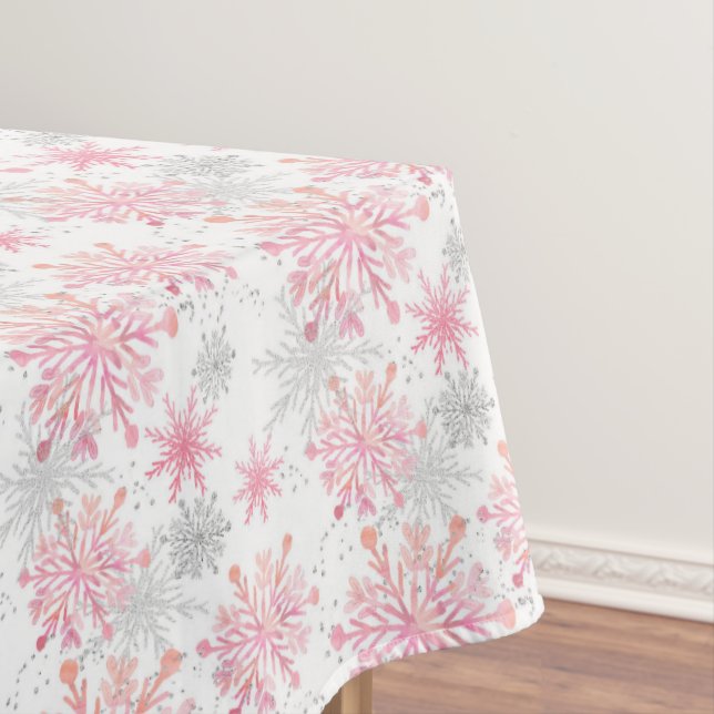 Festive Pink Grey snowflake tiled pattern Tablecloth (In Situ)