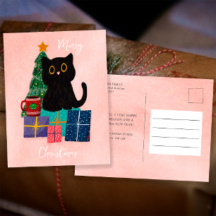 Festive Pink Merry Christmas Cute Black Cat Coffee Holiday Postcard