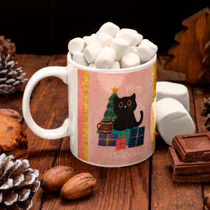 Festive Pink Merry Christmas Cute Black Cat Coffee Mug