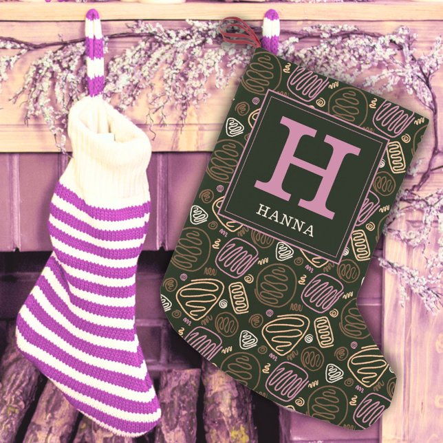 Festive Pink One Line Artistic Pattern Monogram Small Christmas Stocking (Creator Uploaded)