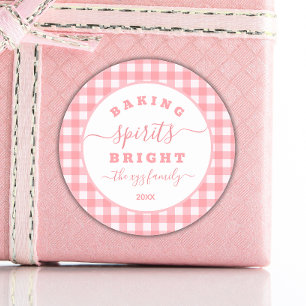 Festive Pink Plaid gingham Baking Spirits Bright  Classic Round Sticker