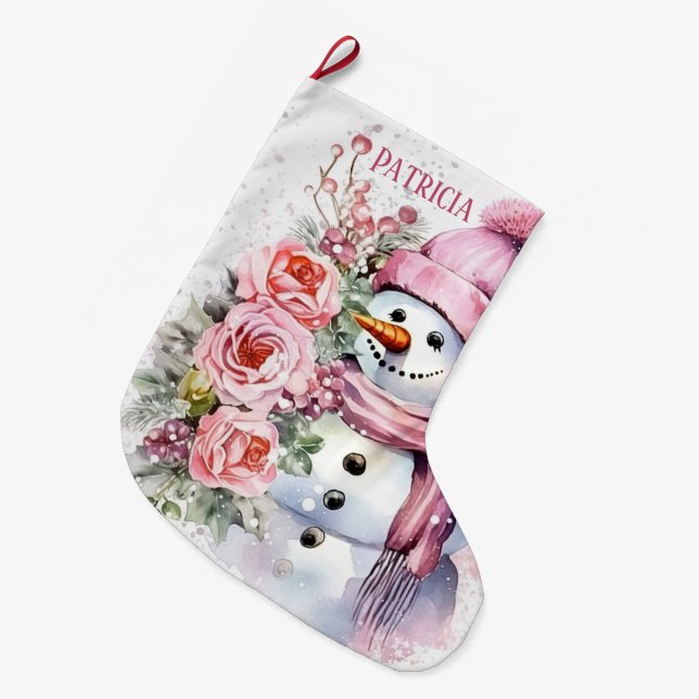 Festive pink snow woman add name  large christmas stocking (Front (Hanging))