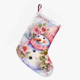 Festive pink snow woman add name small christmas stocking