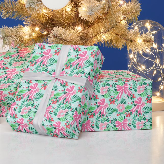 Festive pink tiled Christmas bows party Wrapping Paper (Holidays)