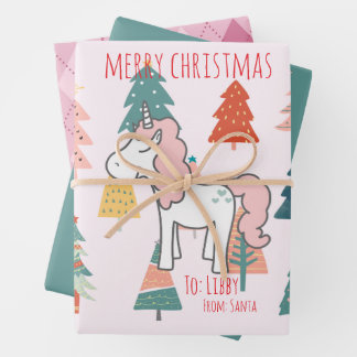 Festive Pink Unicorn Christmas Stars and Plaid Wrapping Paper Sheet
