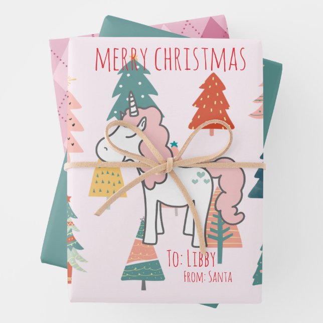 Festive Pink Unicorn Christmas Stars and Plaid Wrapping Paper Sheet (In situ)