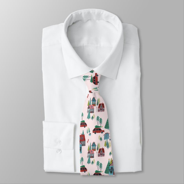 Festive Pink Village & Car Tree Retro Christmas  Tie (Tied)
