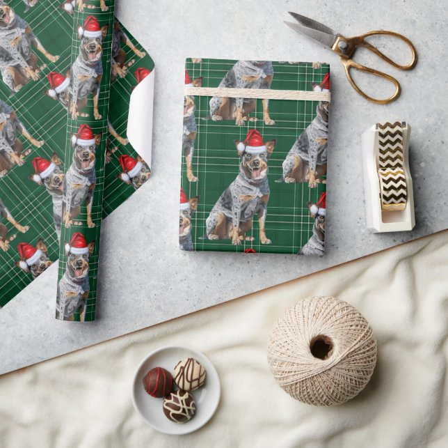 Festive Plaid Blue Heeler Santa Dog Christmas Wrapping Paper (Crafts)