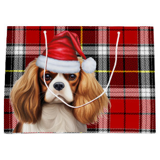 Festive Plaid Cavalier Spaniel Dog Lover Holiday Large Gift Bag