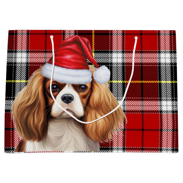Festive Plaid Cavalier Spaniel Dog Lover Holiday Large Gift Bag (Front)