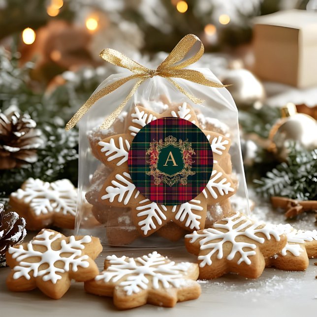 Festive Plaid Gold Monogram Crest Initial Classic Round Sticker (Creator Uploaded)