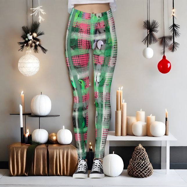 Festive plaid green red white grey cream glitter  leggings (Creator Uploaded)