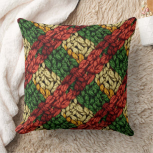 Festive Plaid Knit Pattern in Red, Green, Gold Throw Pillow