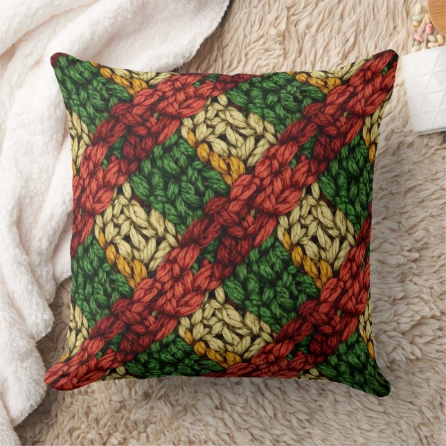 Festive Plaid Knit Pattern in Red, Green, Gold Throw Pillow (Blanket)