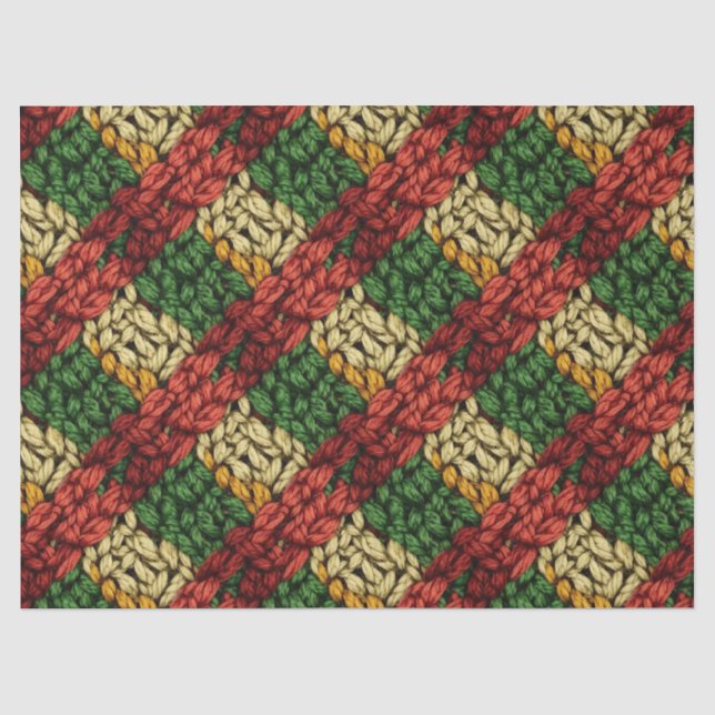 Festive Plaid Knit Pattern in Red, Green, Gold Tissue Paper (Front)
