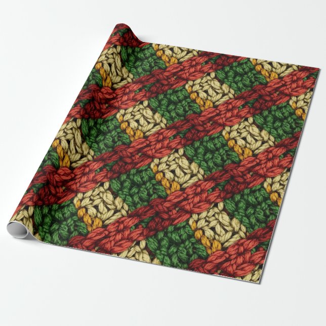 Festive Plaid Knit Pattern in Red, Green, Gold Wrapping Paper (Unrolled)
