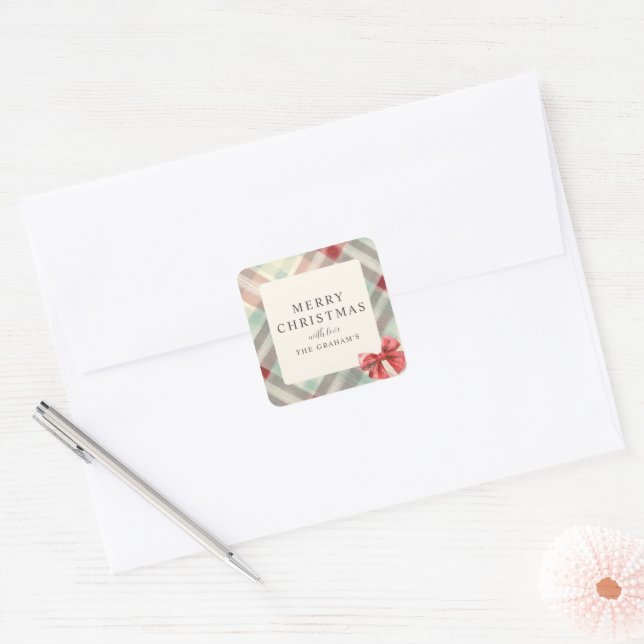 Festive Plaid Photo Christmas Square Sticker (Envelope)