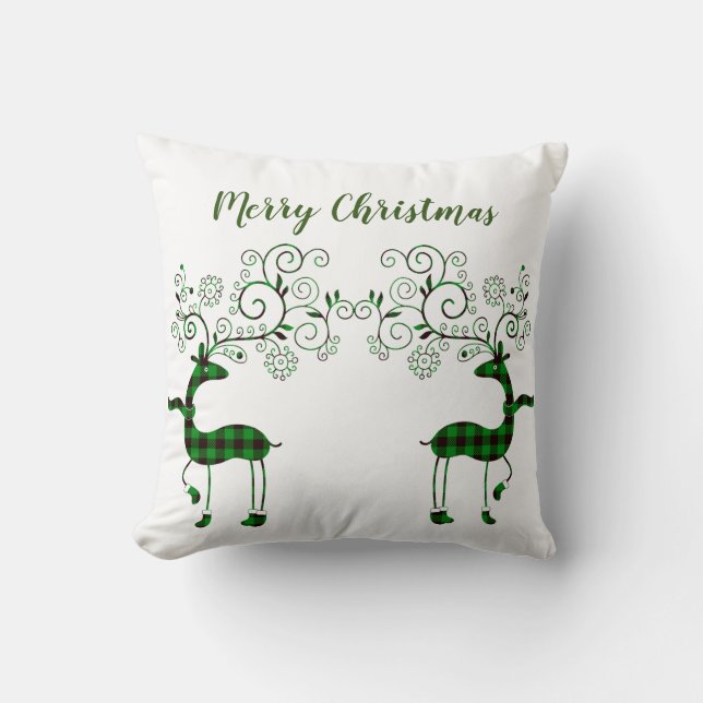 Festive Plaid Reindeer  Throw Pillow (Front)