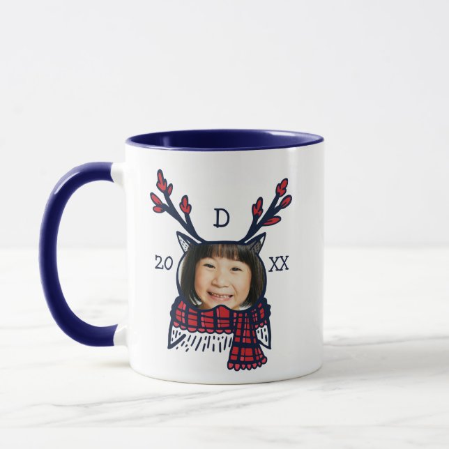 Festive Plaid Winter Owl Character Photo Holiday Mug (Left)