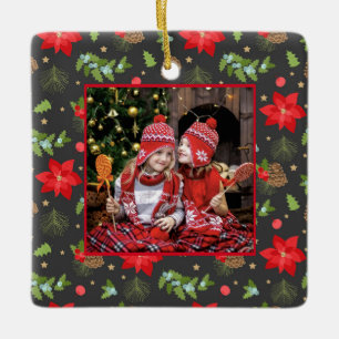Festive Poinsettia and Berries Christmas Ceramic Ornament