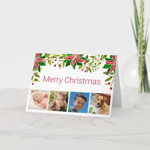 Festive Poinsettia and Holly Four Photo Holiday Card