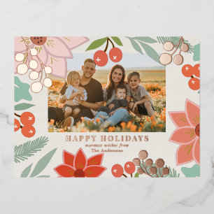 Festive Poinsettia Berry Cream Foil Photo Holiday