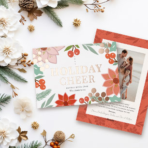 Festive Poinsettia Berry Cream Photo Christmas Foil Holiday Card
