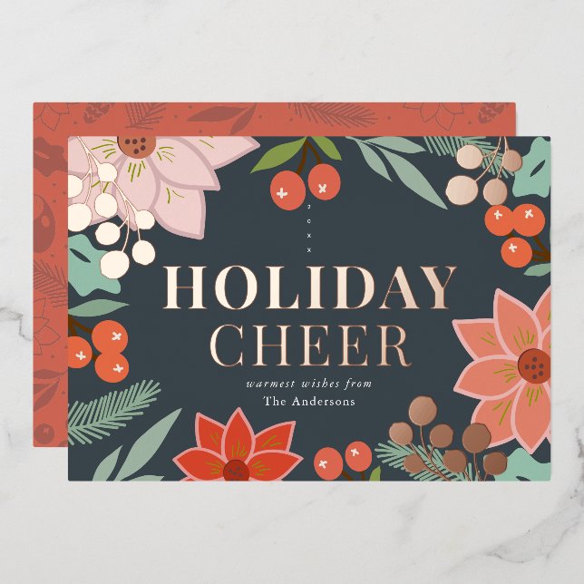 Festive Poinsettia Berry Navy Foil Holiday Card (Front/Back)