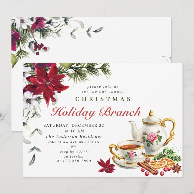 Festive Poinsettia Christmas Holiday Branch Invitation (Front/Back)