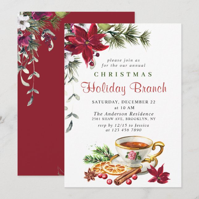 Festive Poinsettia Christmas Holiday Branch Invitation (Front/Back)