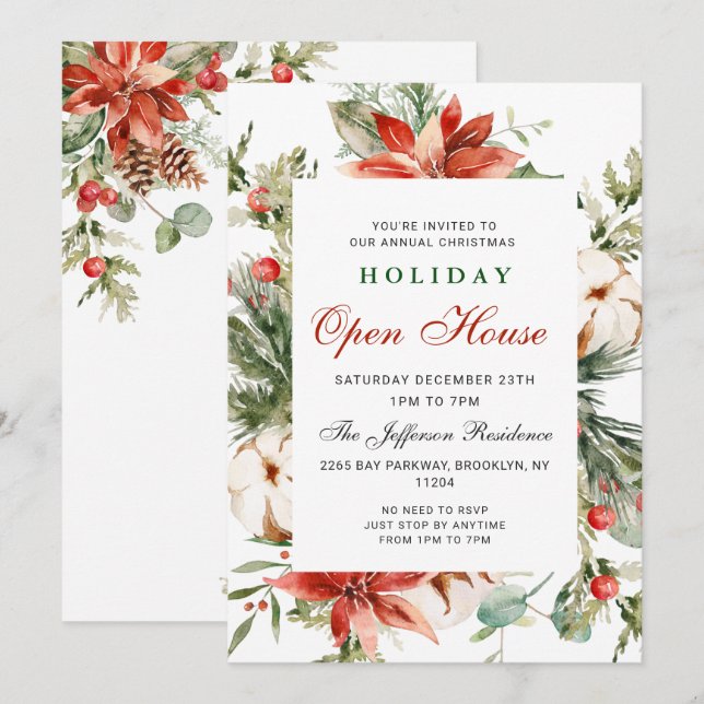 Festive Poinsettia Christmas Holiday Open House In Invitation (Front/Back)