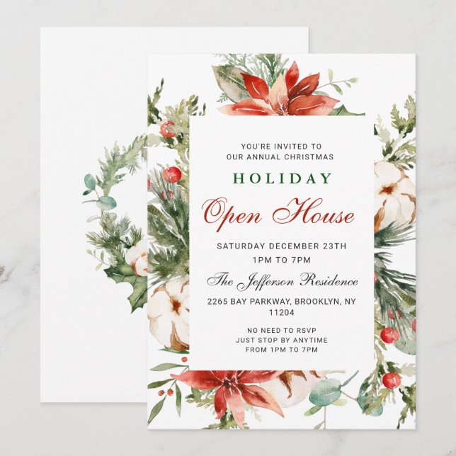 Festive Poinsettia Christmas Holiday Open House Invitation (Front/Back)