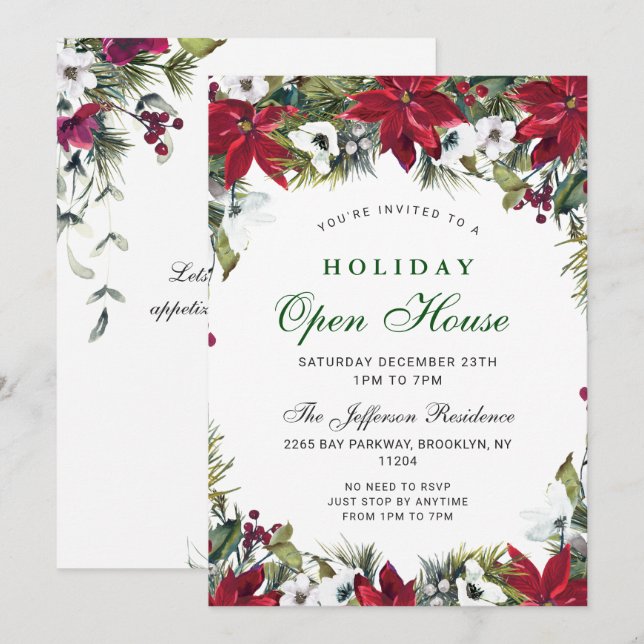 Festive Poinsettia Christmas Holiday Open House Invitation (Front/Back)