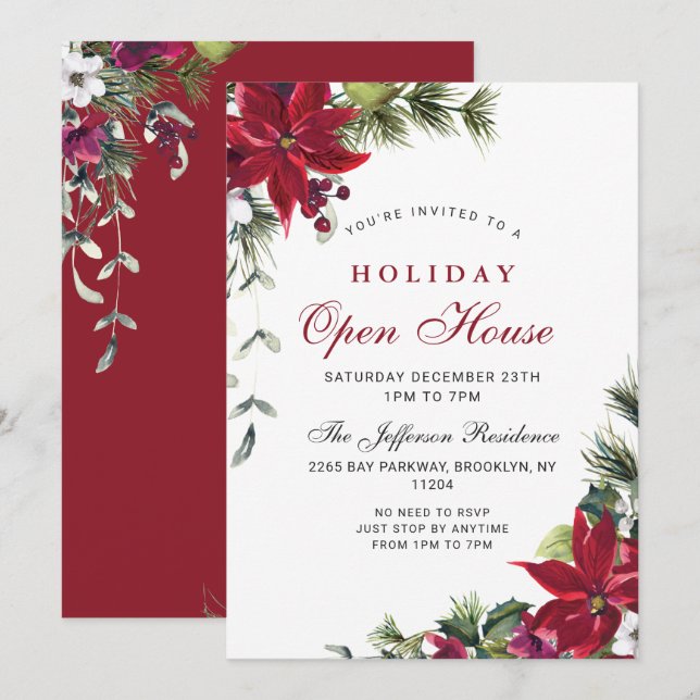 Festive Poinsettia Christmas Holiday Open House Invitation (Front/Back)