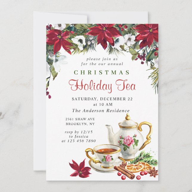 Festive Poinsettia Christmas Holiday Tea Party Invitation (Front)