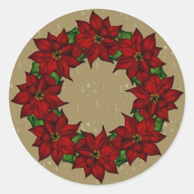 Festive Poinsettia Design Classic Round Sticker (Front)