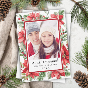 Festive Poinsettia Floral Merrily Married Winter Holiday Card