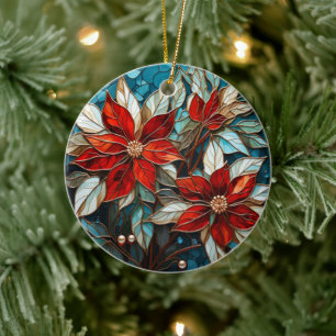 Festive Poinsettia Flower Stained Glass Christmas Ceramic Ornament