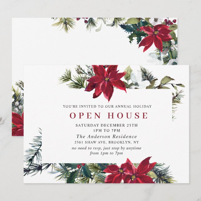 Festive Poinsettia Holiday Christmas Open House Invitation (Front/Back)