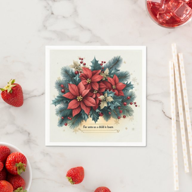 Festive Poinsettia Nativity Bible Verse Decoupage Napkin (Insitu)