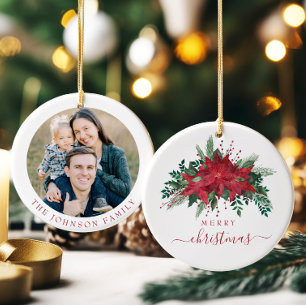 Festive Poinsettia Photo Christmas Ceramic Ornament