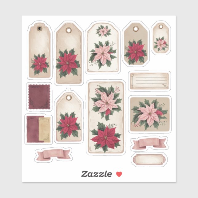Festive Poinsettia Vintage Ephemera Sticker Sheet (Sheet)
