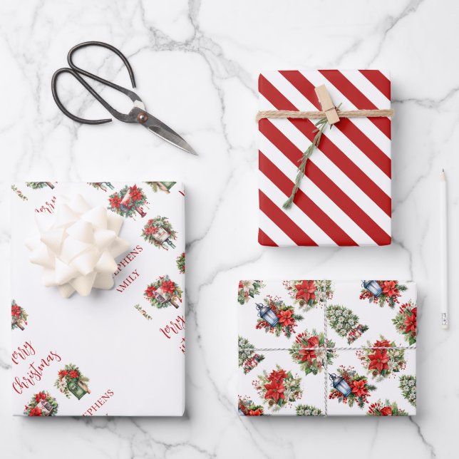 Festive Poinsettia Watercolor Christmas Holiday  Wrapping Paper Sheet (Front)