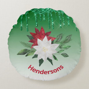 Festive Poinsettias and Green Glitter Drips Round Pillow