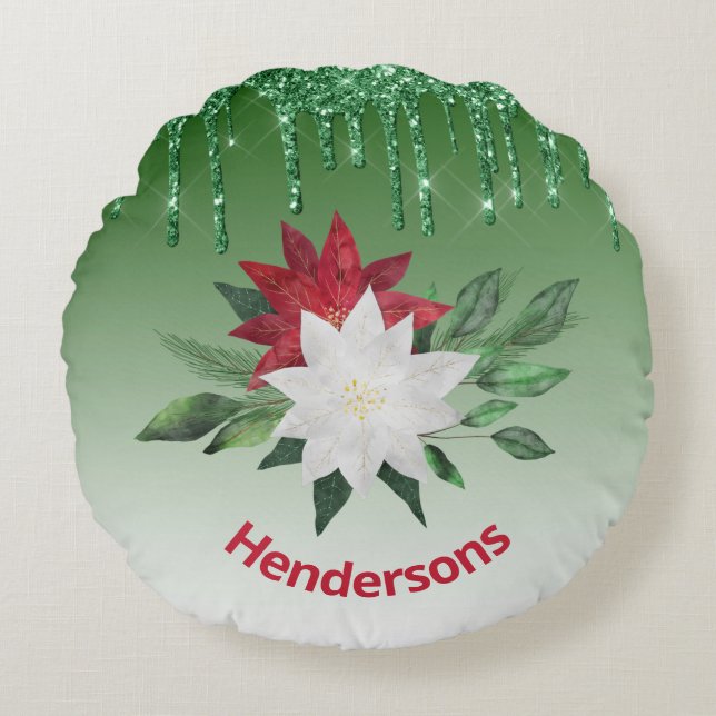 Festive Poinsettias and Green Glitter Drips Round Pillow (Front)