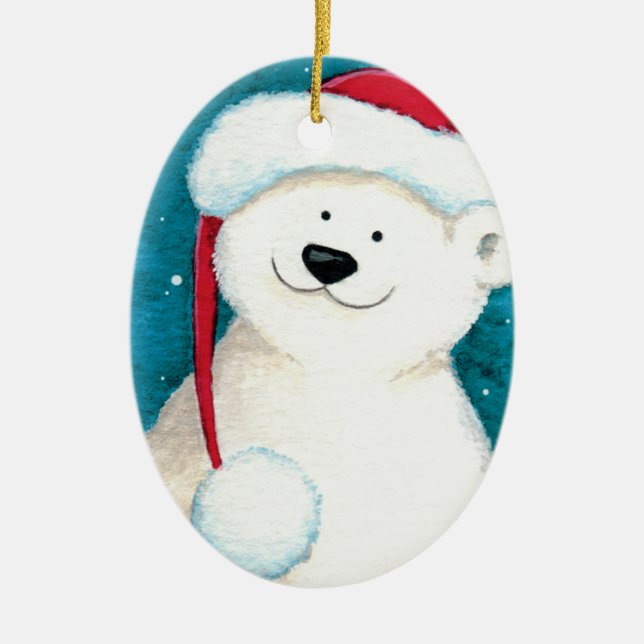 Festive Polar Bear in a Santa Hat Ceramic Ornament (Front)